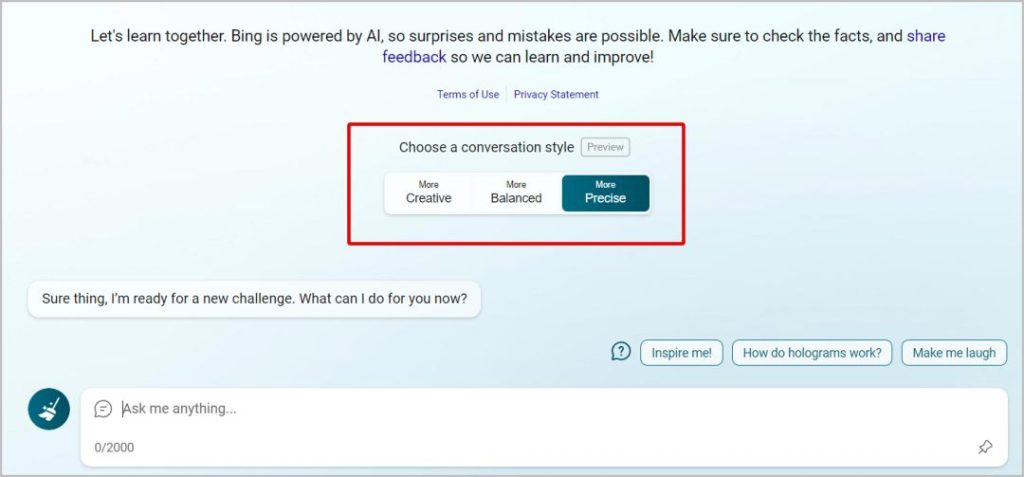 Выберите стиль разговора в Bing Chat
