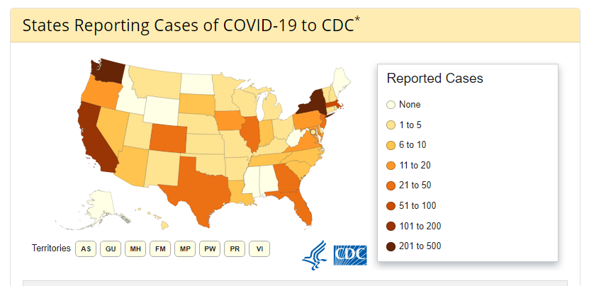 Живая карта CDC по распространению нового коронавируса в разных штатах