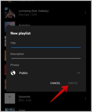 создание нового плейлиста на YouTube Music