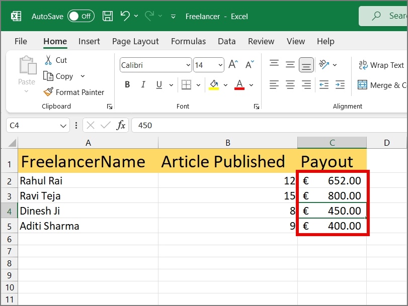 Валюта добавлена ​​в файл Excel