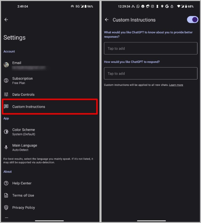 Настройка пользовательских инструкций в приложении ChatGPT для Android