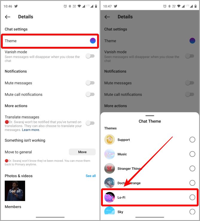 Изменение темы чата DM на Lo-Fi в Instagram