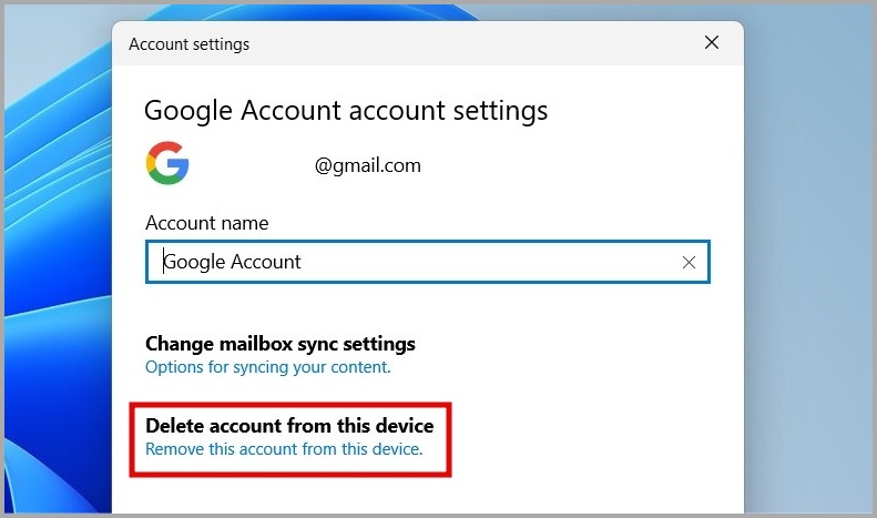 Удалить учетную запись из приложения Windows Mail