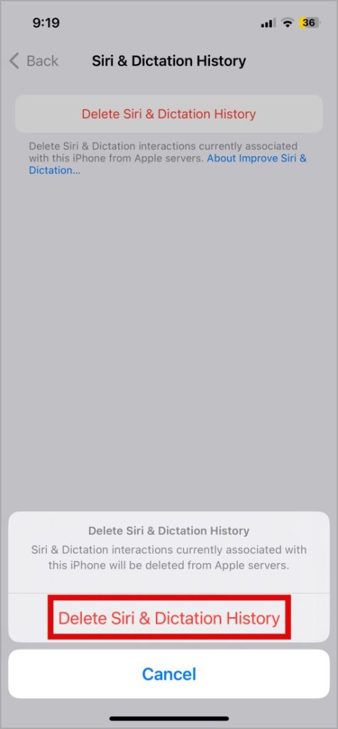 Удалить историю Siri и диктовки на iPhone