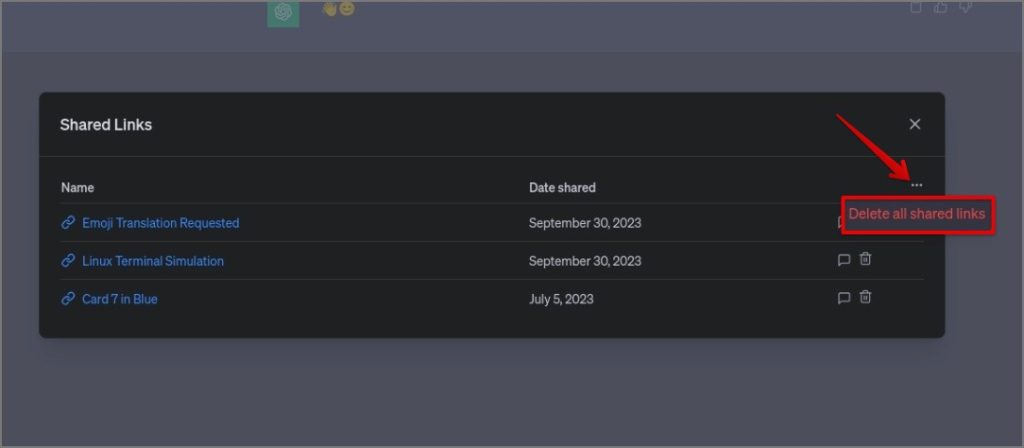 Удаление всех общих ссылок в ChatGPT