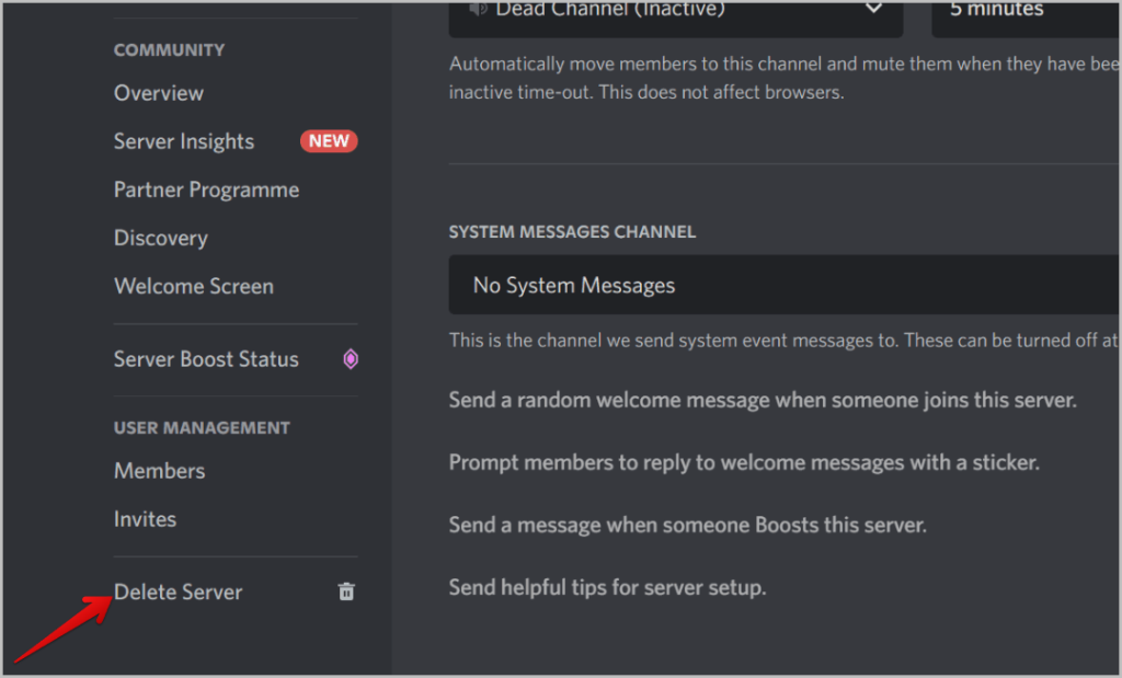 Удаление сервера на сервере Discord