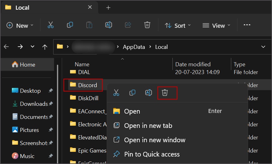 Удалите папку AppData Discord.