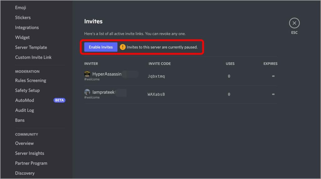 Приглашения приостановлены на сервере в Discord