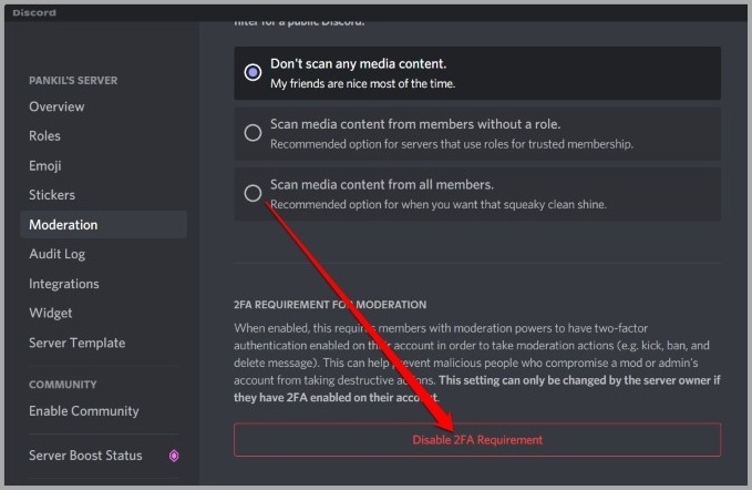 Отключить требование 2FA для сервера Discord