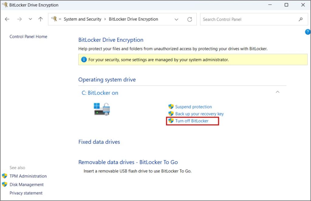 Отключить BitLocker с помощью панели управления