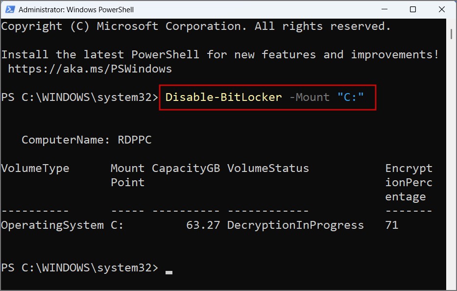 Отключите BitLocker с помощью командлета PowerShell