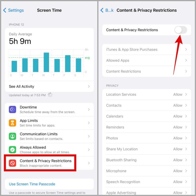 Отключите ограничения контента и конфиденциальности на iPhone
