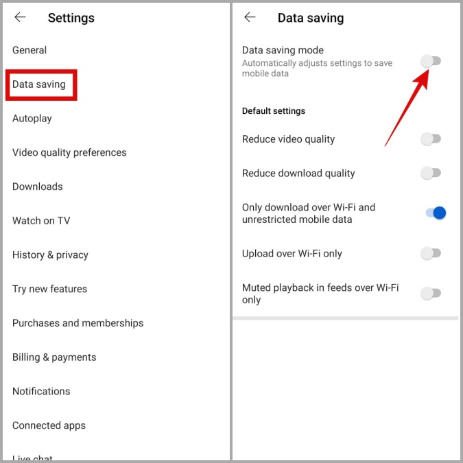 Отключите режим сохранения данных в приложении YouTube для Android