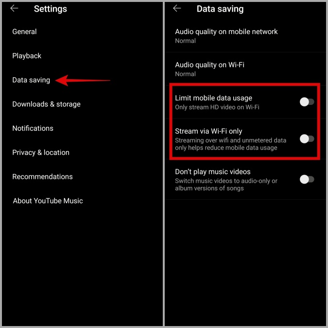 Отключите сохранение данных в приложении YouTube Music