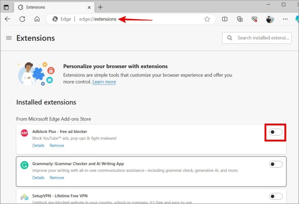 Отключить расширения в Microsoft Edge