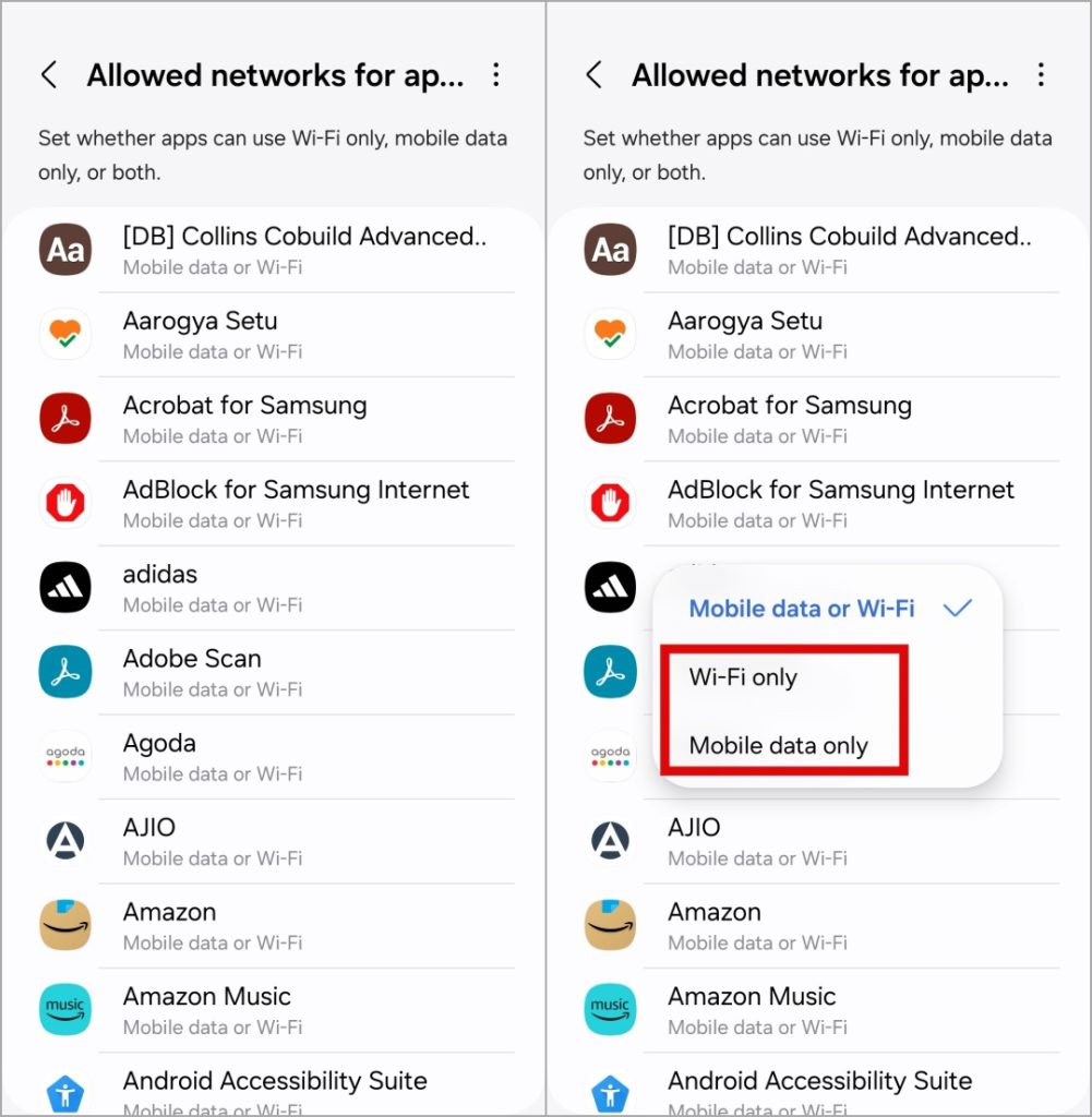Отключите мобильные данные или Wi-Fi для определенного приложения на телефоне Samsung Galaxy