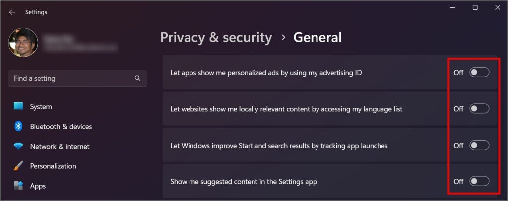 Отключить персонализированную рекламу в Windows 11