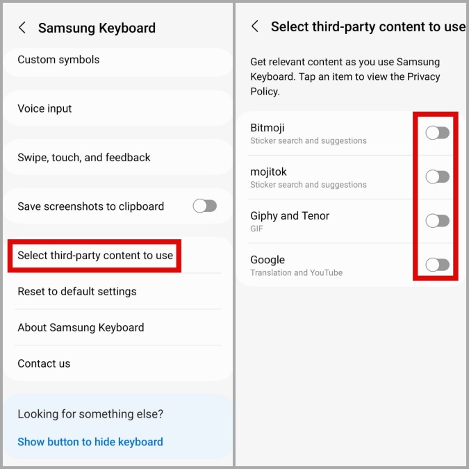 Отключите сторонний контент на клавиатуре Samsung