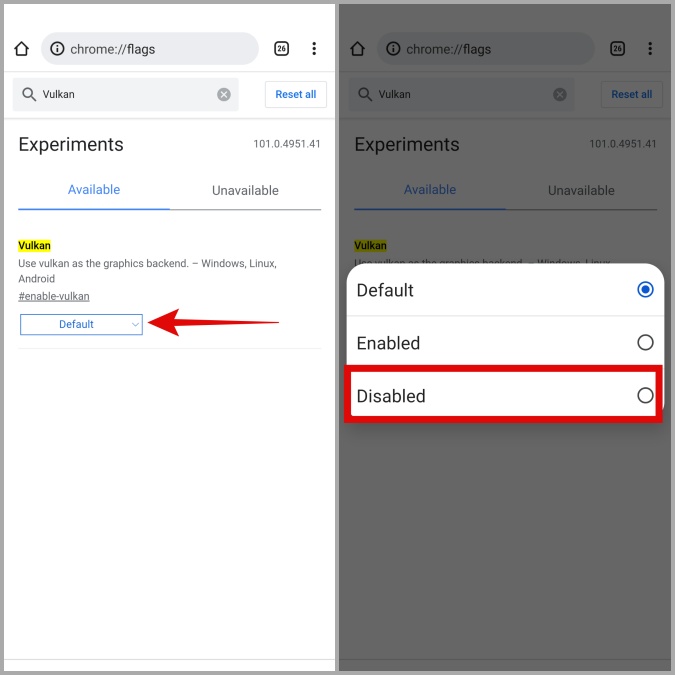Отключить флаг Vulkan в Chrome для Android