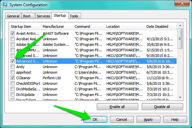 Отключите автозагрузку программ в Windows-msconfig