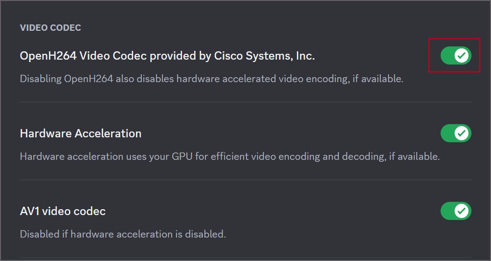 Отключите видеокодек Cisco в Discord