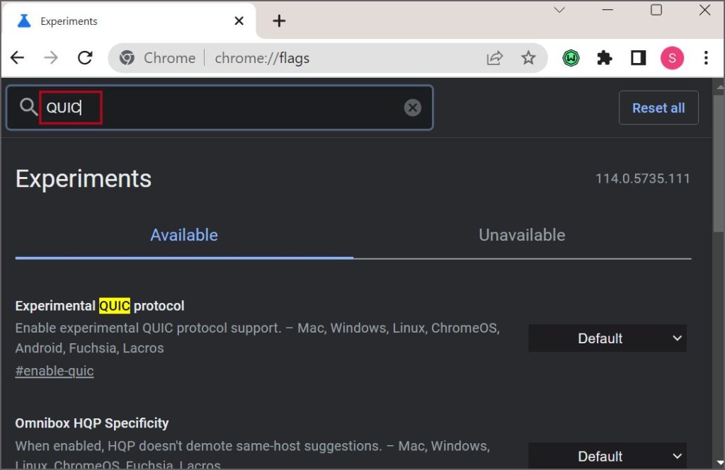 найти флаг QUIC в Chrome
