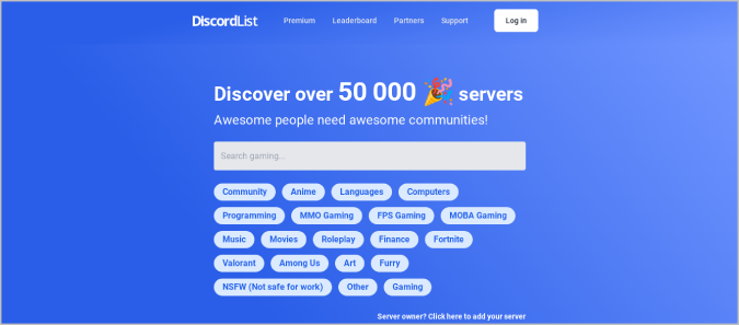 Веб-сайт Discord List, насчитывающий 50 000 серверов.