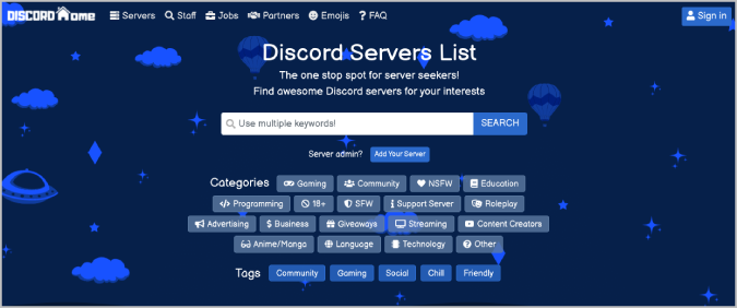 Домашняя страница домашнего сайта Discord с указанием категорий серверов