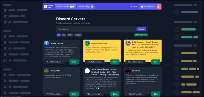 Домашняя страница Discord Street, показывающая популярные серверы Discord