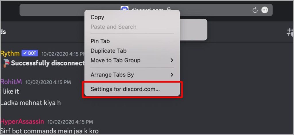 Настройки сайта Discord в Safari