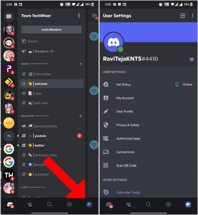 Открытие пользовательских настроек в приложении Discord Mobile