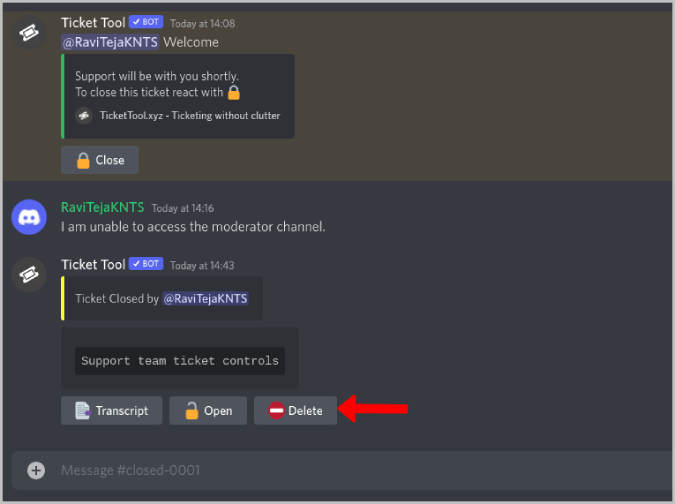 Удаление тикета в Discord