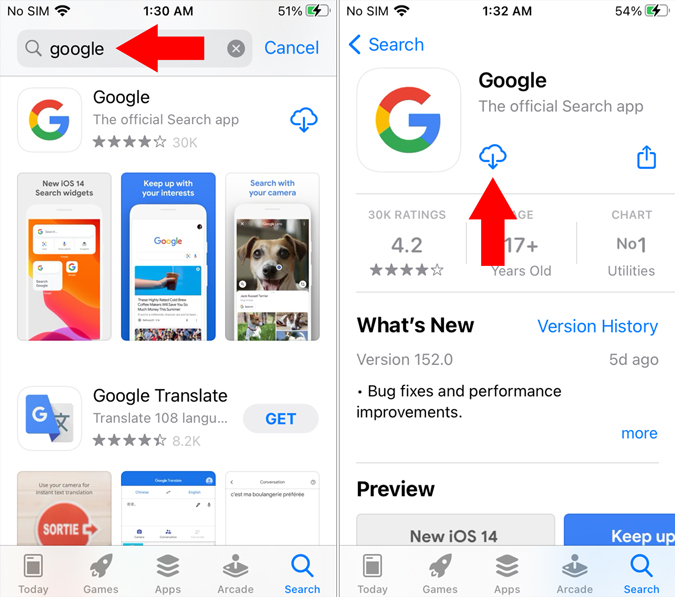 Приложение Google Search на iOS