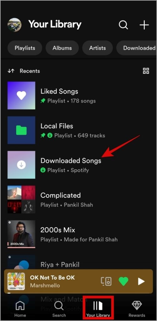 Загруженные песни в приложении Spotify для мобильных устройств