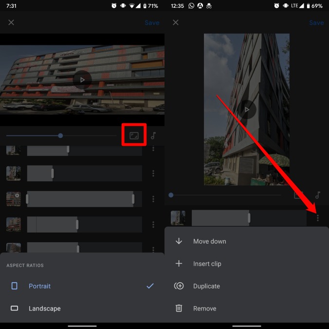 Редактировать клип и выбирать ориентацию фильма в Google Фото