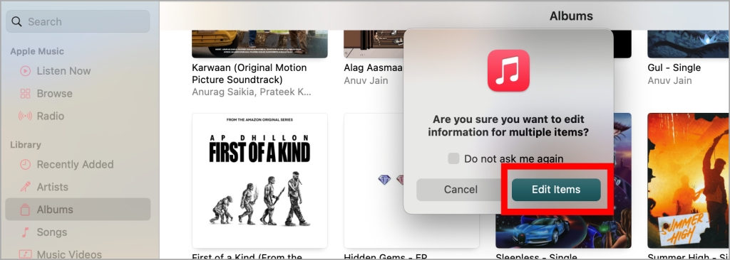 Кнопка «Редактировать элементы» на обложке альбома Apple Music для изменения