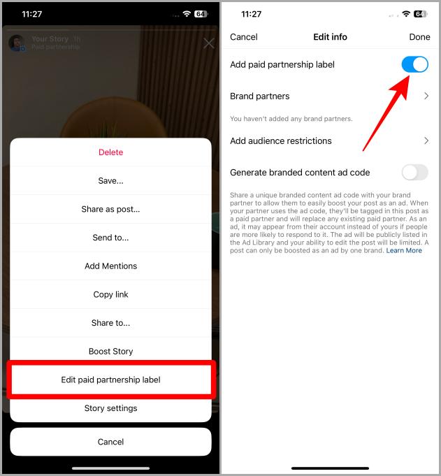 Редактирование метки платного партнерства в истории в Instagram на iOS