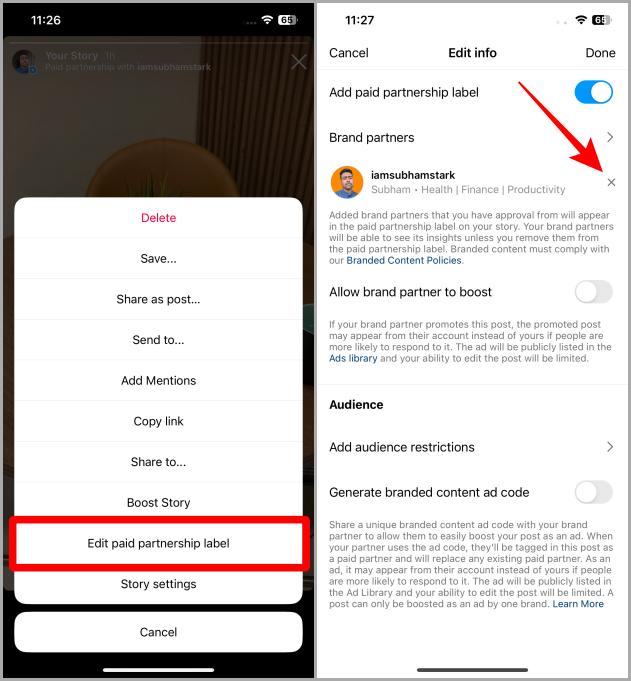 Редактирование метки платного партнерства для истории в Instagram на iOS