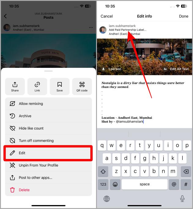Редактирование публикации и добавление ярлыка платного партнерства в Instagram на iOS