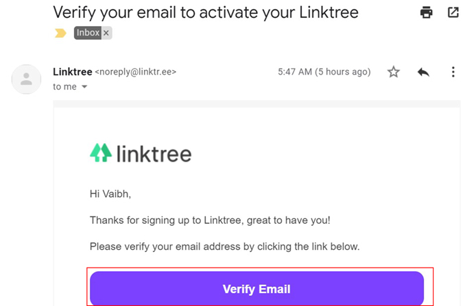 Подтверждение электронной почты для Linktree