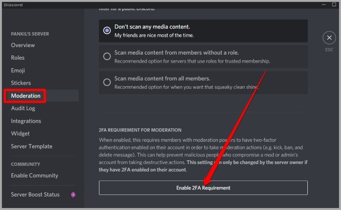 Включите 2FA на сервере Discord на ПК