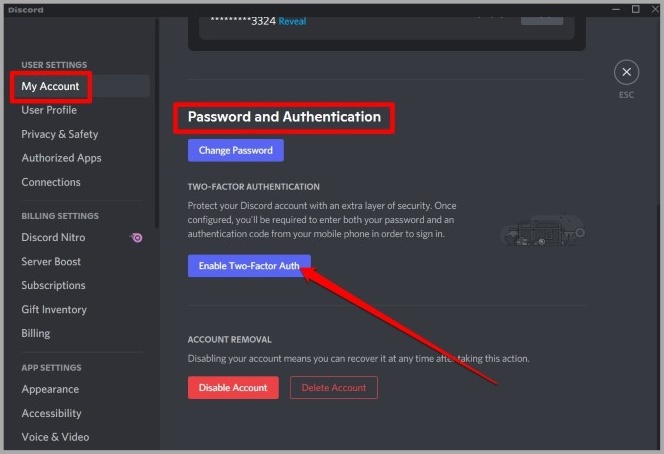 Включить 2FA в Discord для ПК