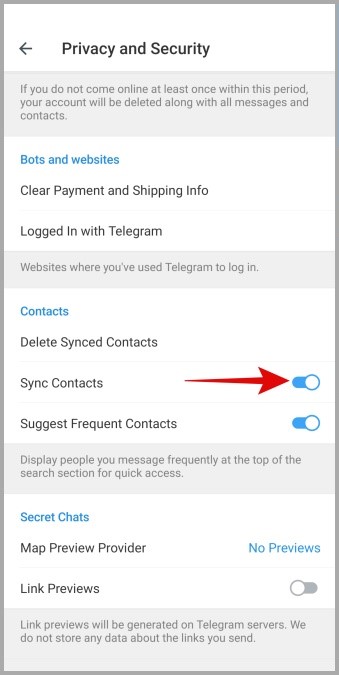 Включить синхронизацию контактов для Telegram для Android