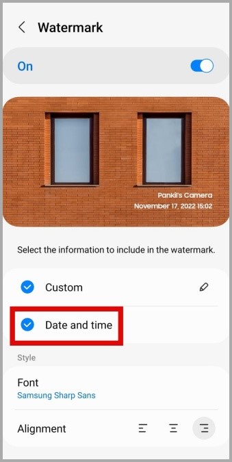 Включить водяной знак даты и времени в приложении Samsung Camera