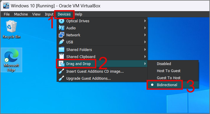 Включить функцию перетаскивания в VirtualBox