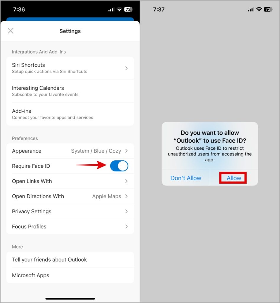 Включить Face ID для Outlook на iPhone