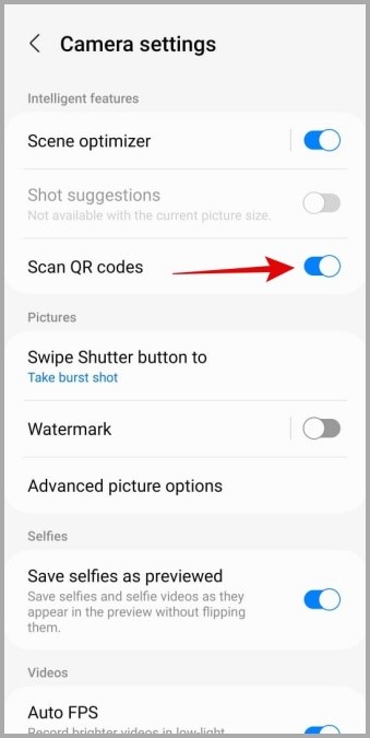 Включите сканирование QR-кода в приложении Samsung Camera
