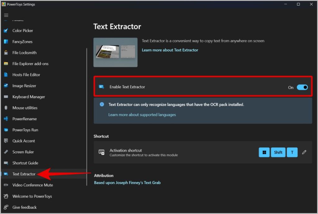 Включить экстрактор текста в Power Toys в Windows