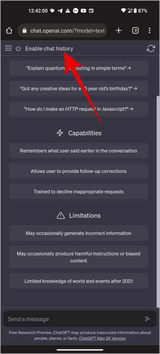 Включение истории чата на мобильном телефоне ChatGPT