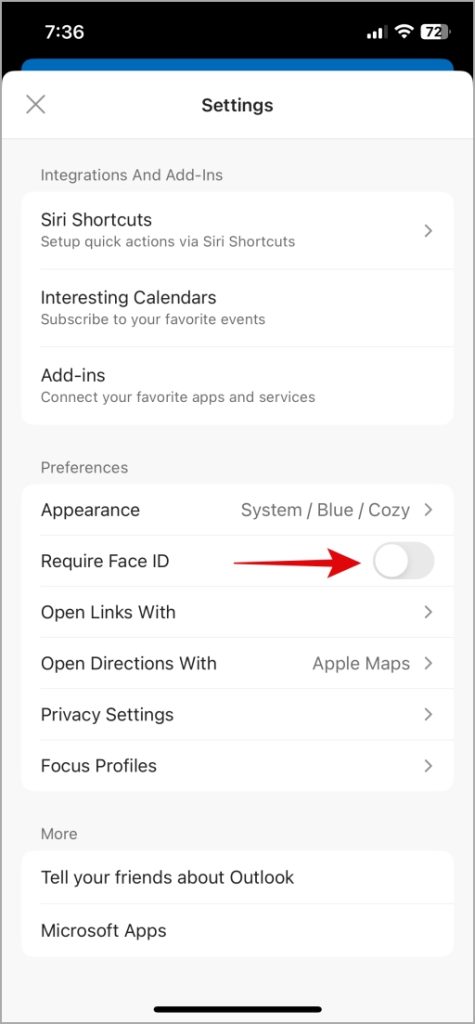Включить или отключить Face ID для Outlook на iPhone